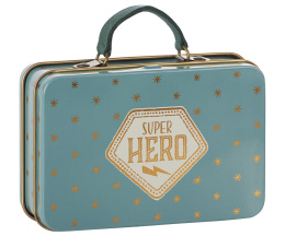 Maileg Pudełeczko Walizka SuperHERO - Metal Travel Suitcase - BLUE Gold stars