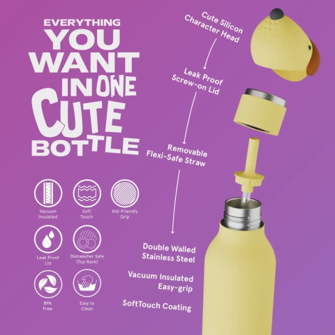 Asobu Butelka termiczna ze słomką Bestie | Pies Żółty 460 ml