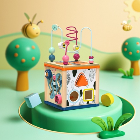 Topbright Kostka edukacyjna drewniana z sorterem i labiryntem dla niemowląt 12 mies.+